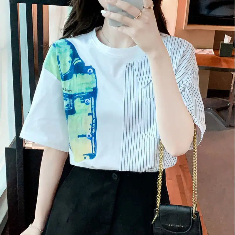 Contrast Color Striped Short-sleeved T-shirt Women's Summer New Fashion Printed Niche Chiffon Top