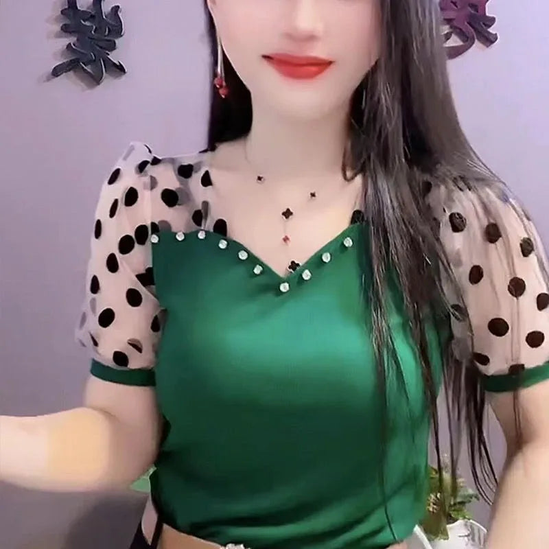 Women's Puff Sleeve T-shirt 2025 Summer New Fashion Commute Polka Dot Sheer Gauze Patchwork V-neck Pullover Beading Slim Tops