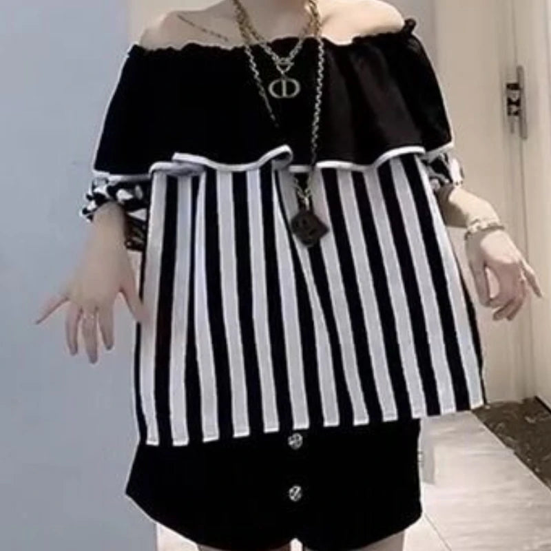 2024 New Summer Young Style Simple Loose Fitting Pullover Short Sleeved Ruffled Neck Striped Color Blocking Women's Shirt Top