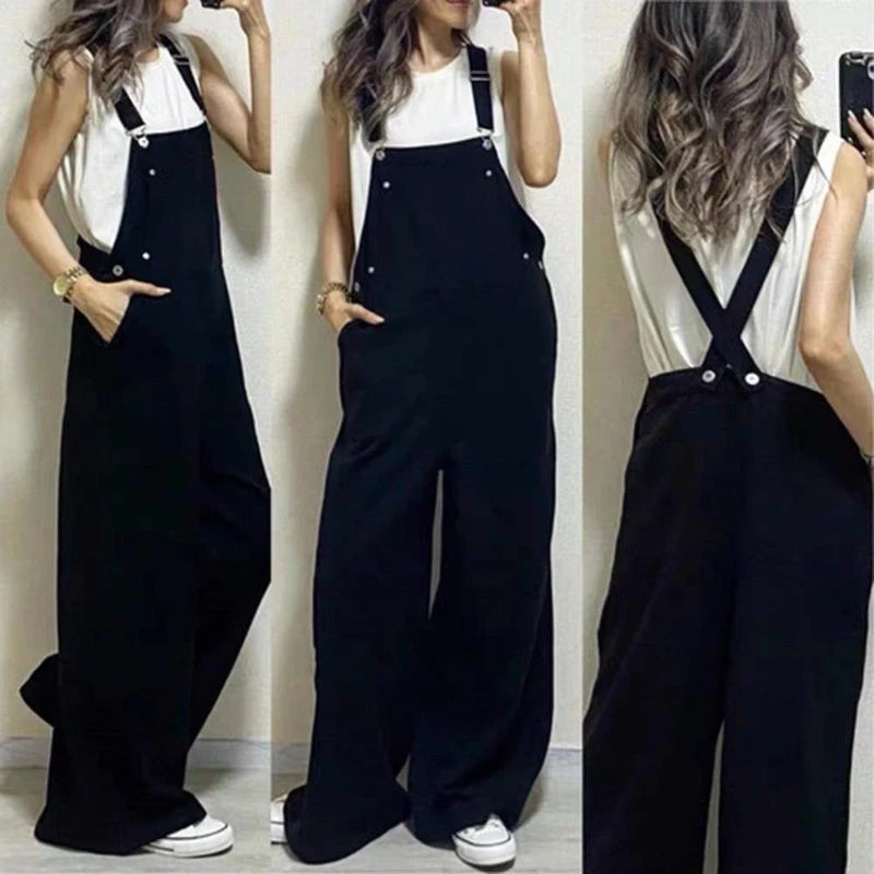 2025 Summer New Oversized Denim Shoulder Strap Student Pants Loose Fit Slimming Casual Straight Leg Wide Leg Pants for Women