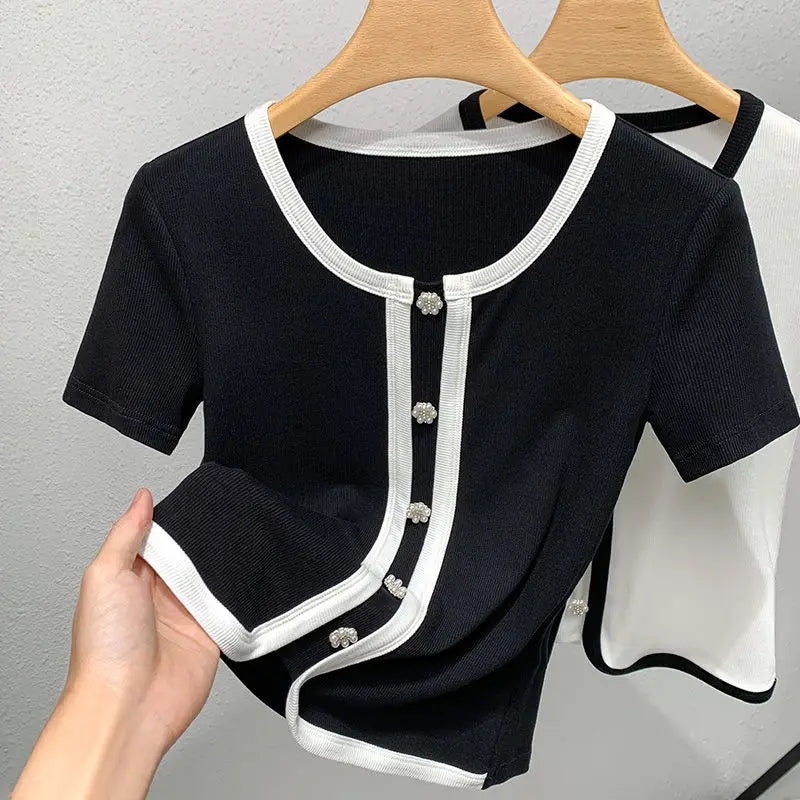 French Contrasting Tops in Summer New Style Unique Short Spliced round Neck Short Sleeve T-shirt