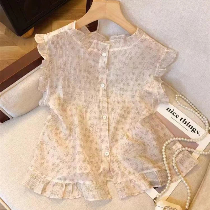 Black Ear Spliced with Flying Sleeves Floral Shirt for Women's Summer New French Chic Sleeveless Shirt