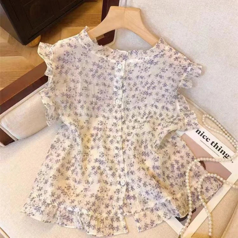 Black Ear Spliced with Flying Sleeves Floral Shirt for Women's Summer New French Chic Sleeveless Shirt