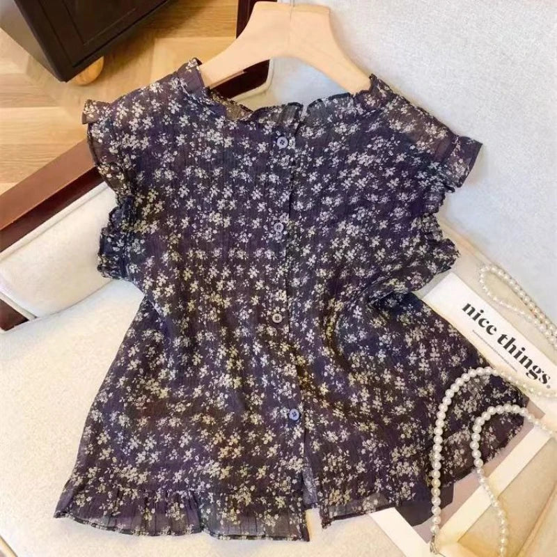 Black Ear Spliced with Flying Sleeves Floral Shirt for Women's Summer New French Chic Sleeveless Shirt