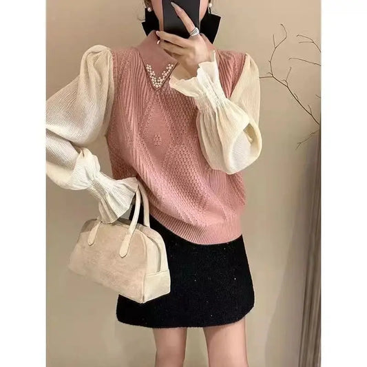 Beaded Polo Collar Sweater for Women Spring New Design Stitching Shirt Sleeves Fake Two Pieces