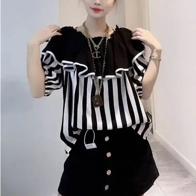 2024 New Summer Young Style Simple Loose Fitting Pullover Short Sleeved Ruffled Neck Striped Color Blocking Women's Shirt Top