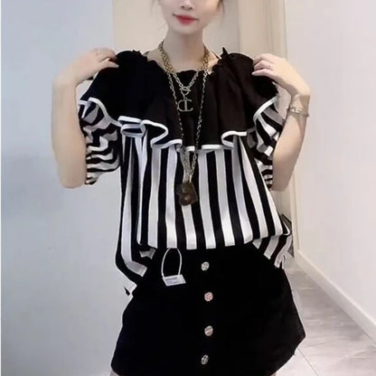 2024 New Summer Young Style Simple Loose Fitting Pullover Short Sleeved Ruffled Neck Striped Color Blocking Women's Shirt Top