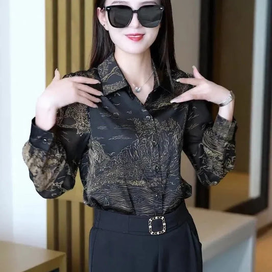 Autumn Fashion Printed Design Long-sleeved Shirt for Women Korean Version POLO Collar Versatile Shirt