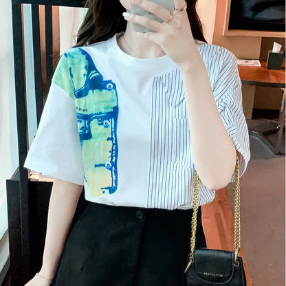Contrast Color Striped Short-sleeved T-shirt Women's Summer New Fashion Printed Niche Chiffon Top