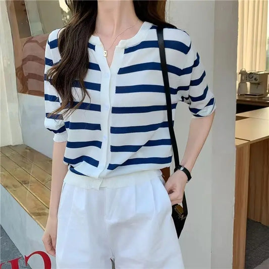 Striped T-shirt for Women Knitted Cardigan Short-sleeved Summer New Slim and Versatile Fashion Outfit Thin Gentle Top