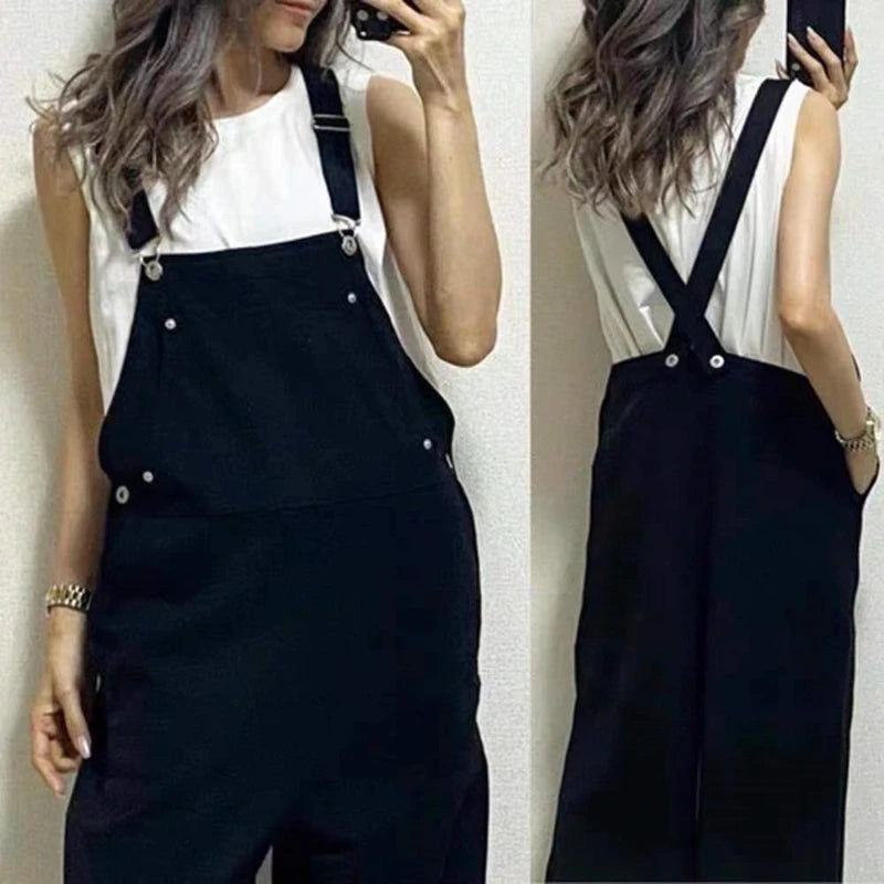 2025 Summer New Oversized Denim Shoulder Strap Student Pants Loose Fit Slimming Casual Straight Leg Wide Leg Pants for Women