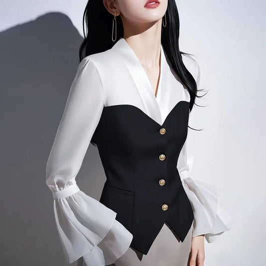 French Fake Two-piece Contrasting Color Design Niche Waist-hugging Shirt for Women in Spring Versatile V-neck Temperament Shirt