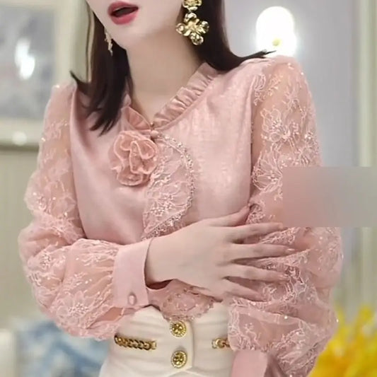 French Shirt Women's Autumn New Style Spliced pink Beautiful Shirt Loose Women's Top