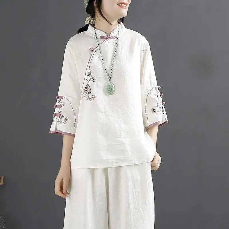 2025 New Chinese Style Retro Cotton Linen Shirt Women's Spring Summer Stand Collar Button Embroidered Three Quarter Loose Tops