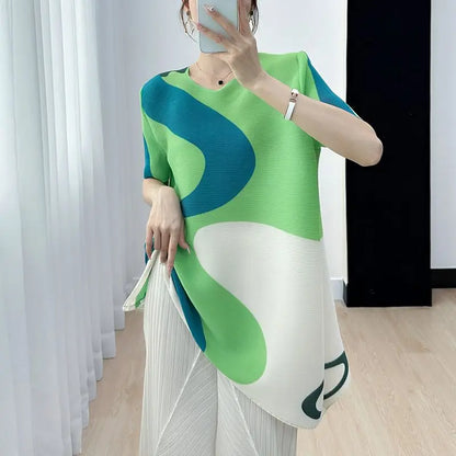 New Summer Printed T-shirt Pleated Loose Round Neck Short-sleeved Top