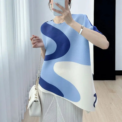 New Summer Printed T-shirt Pleated Loose Round Neck Short-sleeved Top