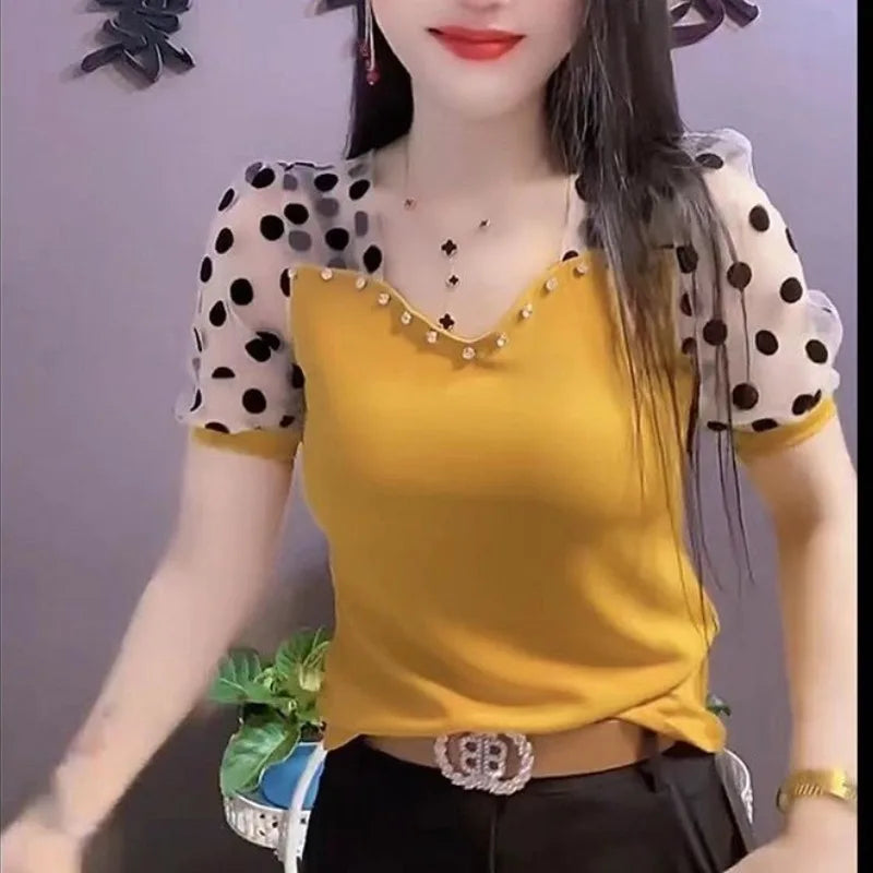 Women's Puff Sleeve T-shirt 2025 Summer New Fashion Commute Polka Dot Sheer Gauze Patchwork V-neck Pullover Beading Slim Tops