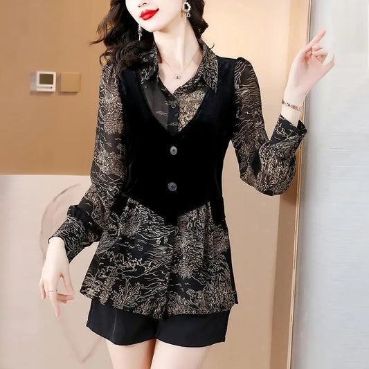 Fake Two Pieces Blouse 2025 Autumn Winter New Women's Polo-Neck Button Spliced Printed Fashion Slim Long Sleeve Unique Shirt Top