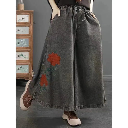 Women's Clothing Wide-leg Pants Women's Retro Casual All-match Jeans Women's Summer Embroidered Large Floral Skirt Pants