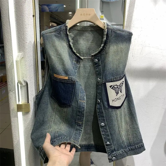 Women's 2025 Summer New Korean Commute Spliced Pockets Printed Distressed Button Loose Round Neck Sleeveless Denim Vests Topss