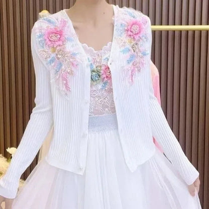 Heavy Industry Beaded Drilling Cardigan Heavy Industry Flower Three-dimensional Coat Knitted Coat