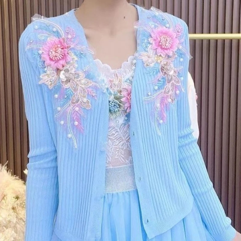 Heavy Industry Beaded Drilling Cardigan Heavy Industry Flower Three-dimensional Coat Knitted Coat