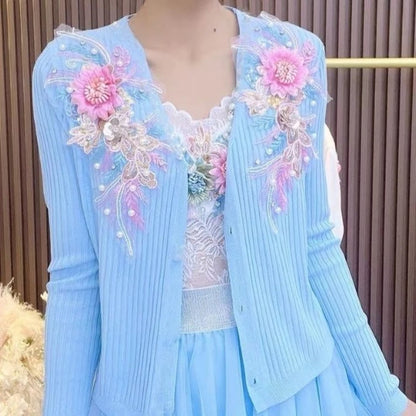 Heavy Industry Beaded Drilling Cardigan Heavy Industry Flower Three-dimensional Coat Knitted Coat