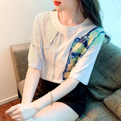Contrast Color Striped Short-sleeved T-shirt Women's Summer New Fashion Printed Niche Chiffon Top