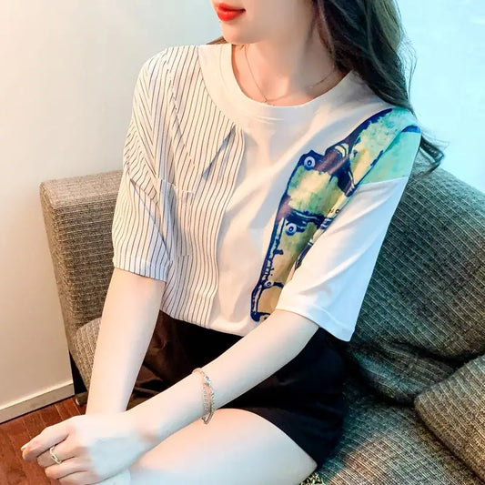 Contrast Color Striped Short-sleeved T-shirt Women's Summer New Fashion Printed Niche Chiffon Top