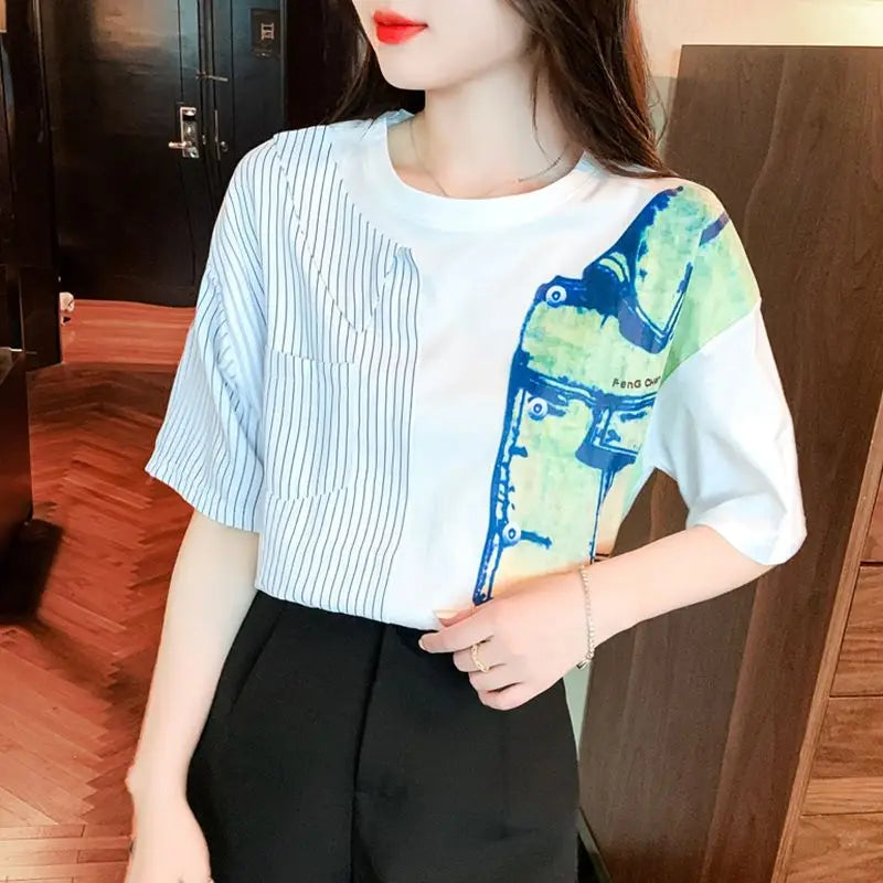 Contrast Color Striped Short-sleeved T-shirt Women's Summer New Fashion Printed Niche Chiffon Top