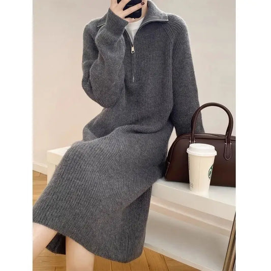 Zipper Lapel Knitted Women Autumn Winter Retro Long Turtleneck Sweater Dress Straight Thickened Long-sleeved Bottoming Skirt