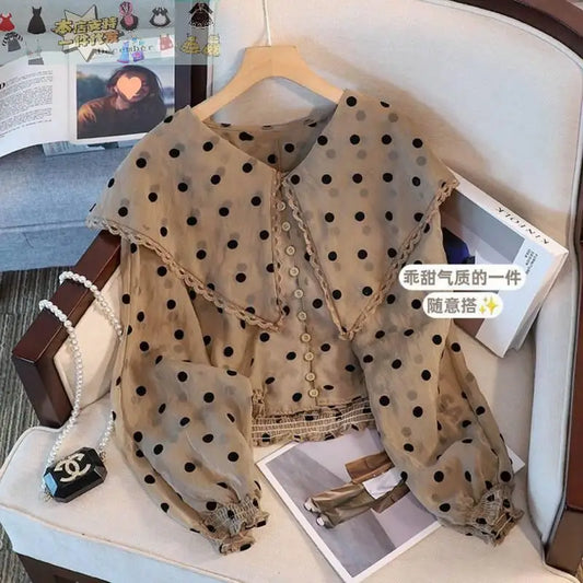 French Polka Doll Collar Chiffon Shirt for Women's Spring Clothes New Short Single-breasted Design Puff Sleeve Shirt