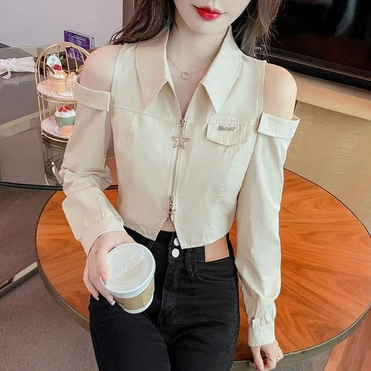 Off-shoulder Shirt Dopamine Spring New Style Navel-baring Short Top Early Spring French Chic Shirt