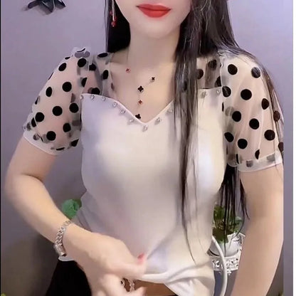 Women's Puff Sleeve T-shirt 2025 Summer New Fashion Commute Polka Dot Sheer Gauze Patchwork V-neck Pullover Beading Slim Tops