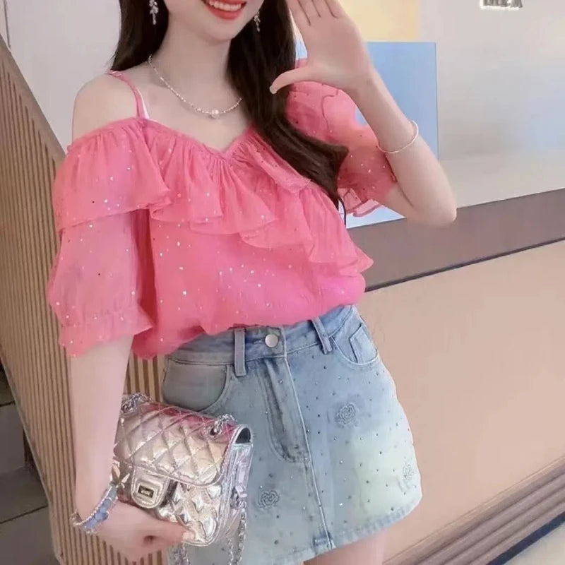 Korean Commute Summer New Chiffon Shirt Women's Patchwork Sequins Off Shoulder Short Sleeve V-neck Strap Ruffles Loose Blousesrt