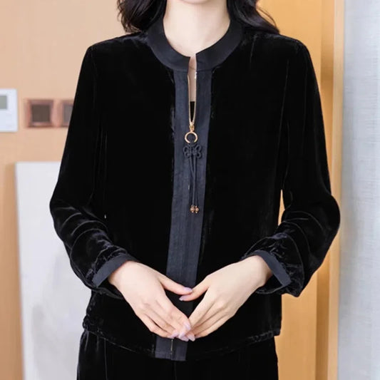 New Chinese Style Retro Round Neck Gold Velvet Cardigan Women's Autumn New Style Chinese Style Short Style Western-style Top