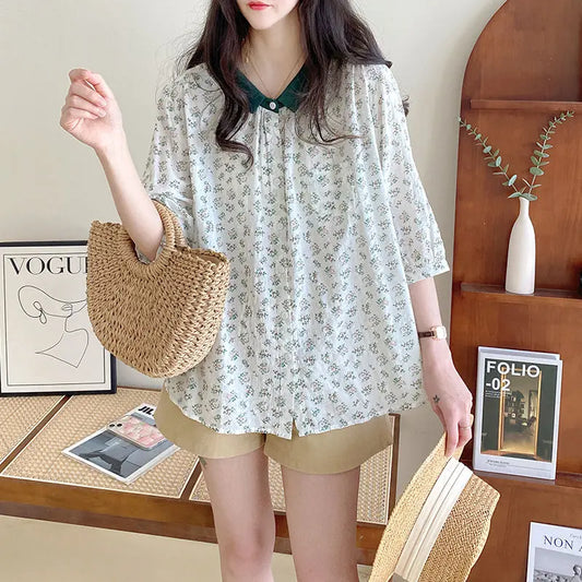 New Top for Women Korean Style Commuting Literary Loose Plaid Splicing Doll Collar Mid-sleeved Shirt