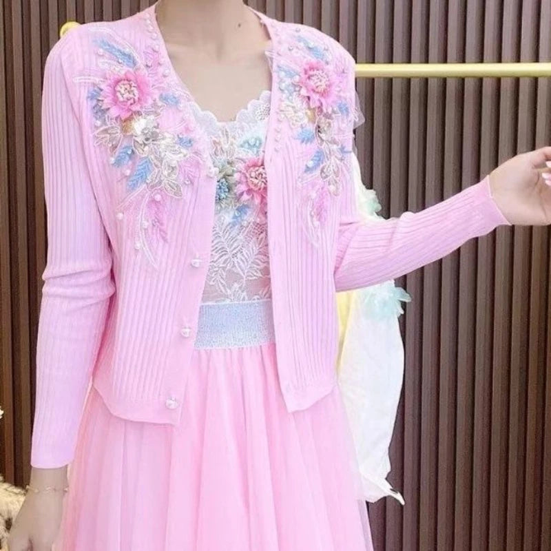 Heavy Industry Beaded Drilling Cardigan Heavy Industry Flower Three-dimensional Coat Knitted Coat