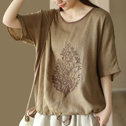 2025 New Summer Chinese Style Fashion Minimalist Loose Half Sleeve Round Neck Printed Embroidered Shirring Women's T-shirt Top