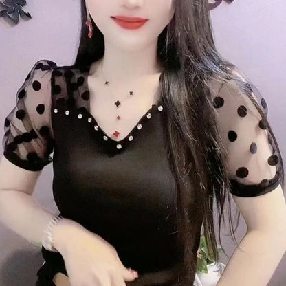 Women's Puff Sleeve T-shirt 2025 Summer New Fashion Commute Polka Dot Sheer Gauze Patchwork V-neck Pullover Beading Slim Tops