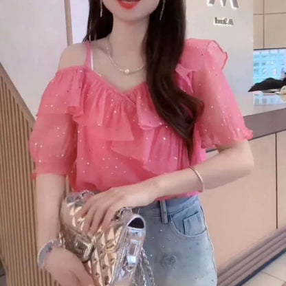 Korean Commute Summer New Chiffon Shirt Women's Patchwork Sequins Off Shoulder Short Sleeve V-neck Strap Ruffles Loose Blousesrt