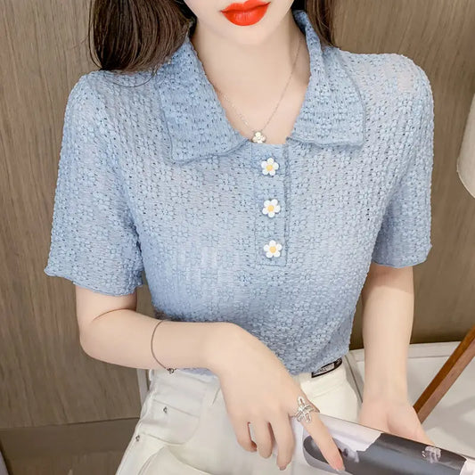 Flower POLO Neck Short-sleeved Lace Shirt for Women in Summer New Loose Slim Hook and Flower Hollow Top