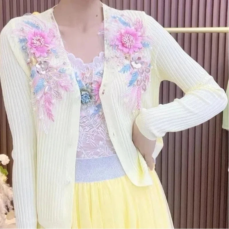 Heavy Industry Beaded Drilling Cardigan Heavy Industry Flower Three-dimensional Coat Knitted Coat