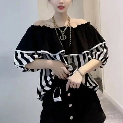 2024 New Summer Young Style Simple Loose Fitting Pullover Short Sleeved Ruffled Neck Striped Color Blocking Women's Shirt Top