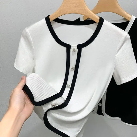 French Contrasting Tops in Summer New Style Unique Short Spliced round Neck Short Sleeve T-shirt