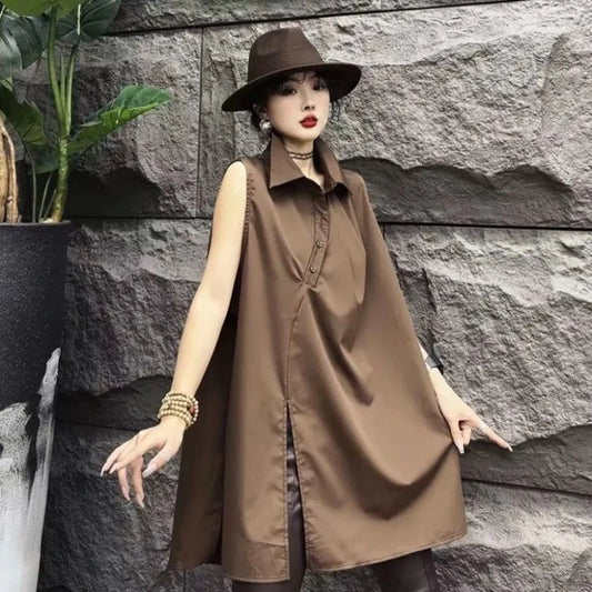 New Casual Top Shirt Solid Color Mid-length Korean Women's Fashionable Sleeveless Shirt