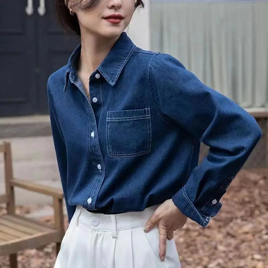 Washed Cotton Denim Blouse Design Niche Spring and Autumn Casual Mid-length Large-size Long-sleeved Women's Jacket