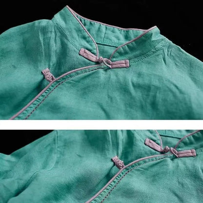 2025 New Chinese Style Retro Cotton Linen Shirt Women's Spring Summer Stand Collar Button Embroidered Three Quarter Loose Tops