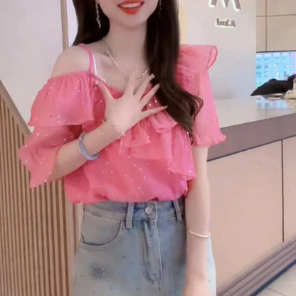 Korean Commute Summer New Chiffon Shirt Women's Patchwork Sequins Off Shoulder Short Sleeve V-neck Strap Ruffles Loose Blousesrt