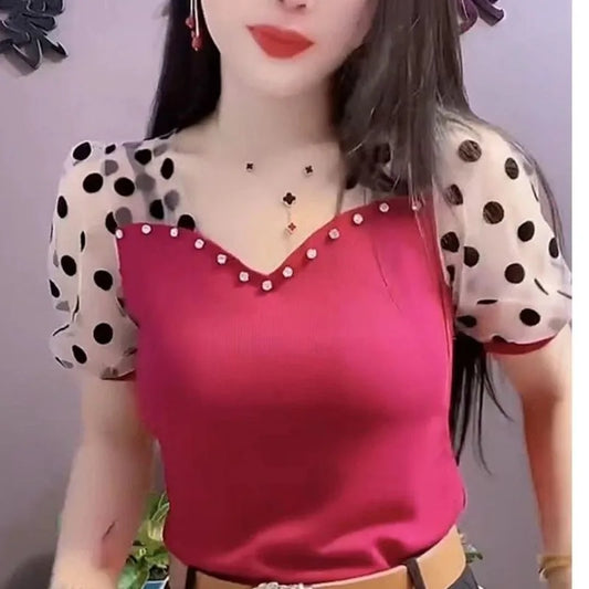 Women's Puff Sleeve T-shirt 2025 Summer New Fashion Commute Polka Dot Sheer Gauze Patchwork V-neck Pullover Beading Slim Tops